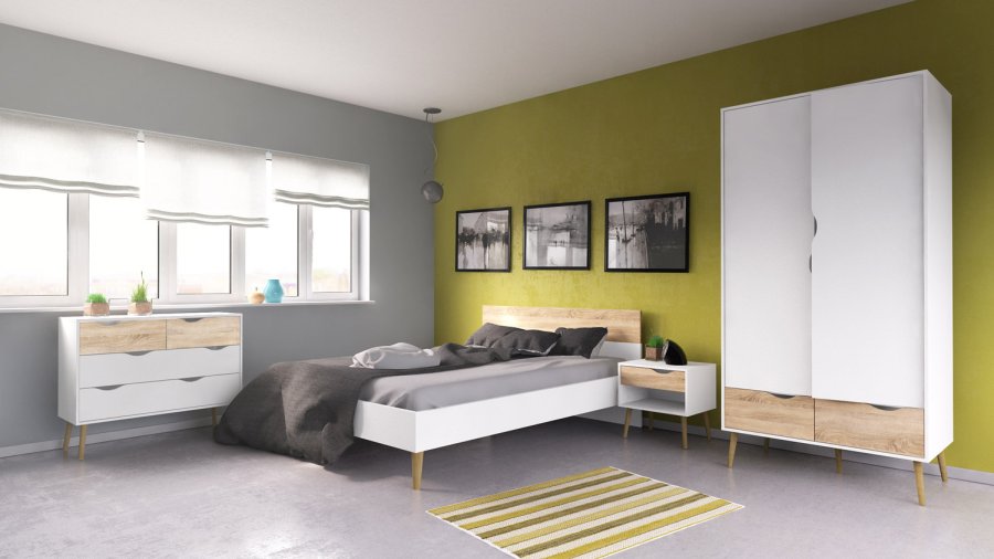 TVILUM Delta sngbord - vit / ek struktur, med 1 lda