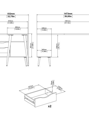 TVILUM Delta skrivebord - eikestruktur/hvit tre m. 2 skuffer