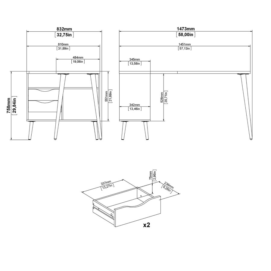 TVILUM Delta skrivebord - eikestruktur/hvit tre m. 2 skuffer