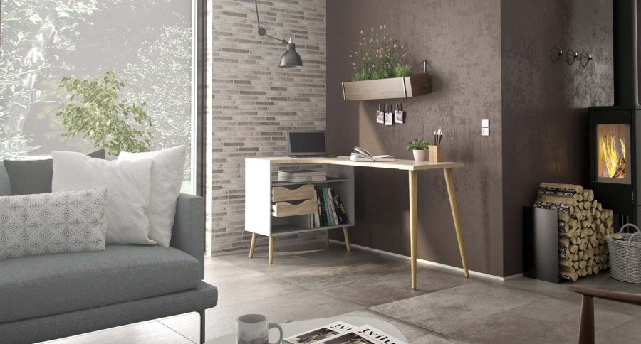 TVILUM Delta skrivebord - eikestruktur/hvit tre m. 2 skuffer