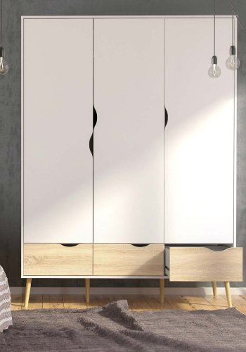 TVILUM Delta garderobeskap - hvit/eik struktur, m. 3 drer og 3 skuffer