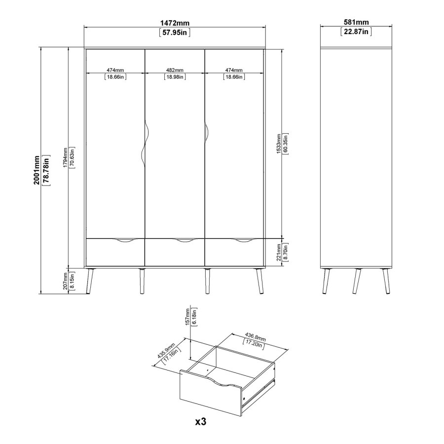 TVILUM Delta garderobeskap - hvit/eik struktur, m. 3 drer og 3 skuffer