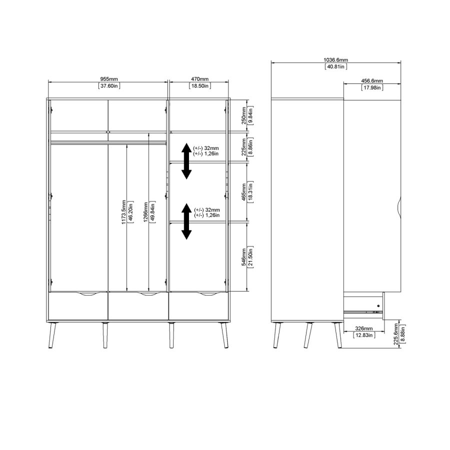 TVILUM Delta garderobeskap - hvit/eik struktur, m. 3 drer og 3 skuffer