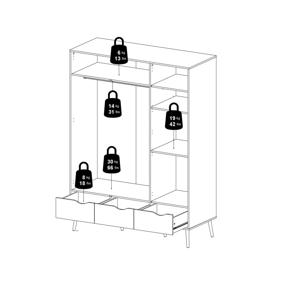 TVILUM Delta garderobeskap - hvit/eik struktur, m. 3 drer og 3 skuffer