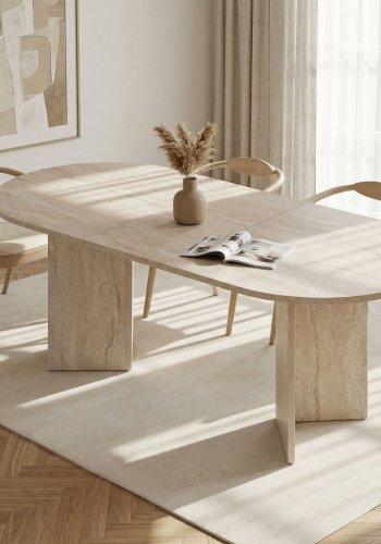NORDV&Auml;RK Sorell spisebord, m. 1 till�gsplade, oval - sand travertin melamin (160x90)
