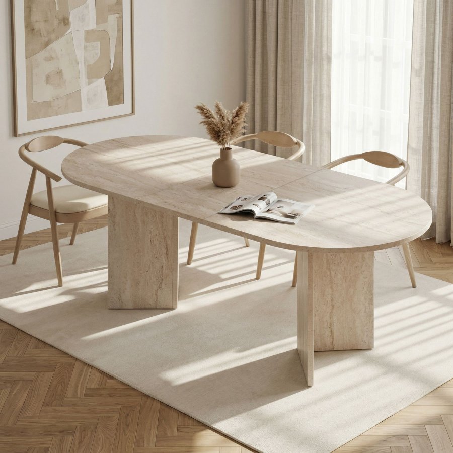 NORDV&Auml;RK Sorell spisebord, m. 1 till�gsplade, oval - sand travertin melamin (160x90)