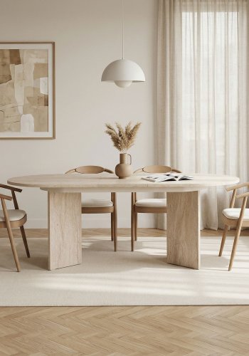 NORDV&Auml;RK Sorell spisebord, m. 1 till�gsplade, oval - sand travertin melamin (160x90)