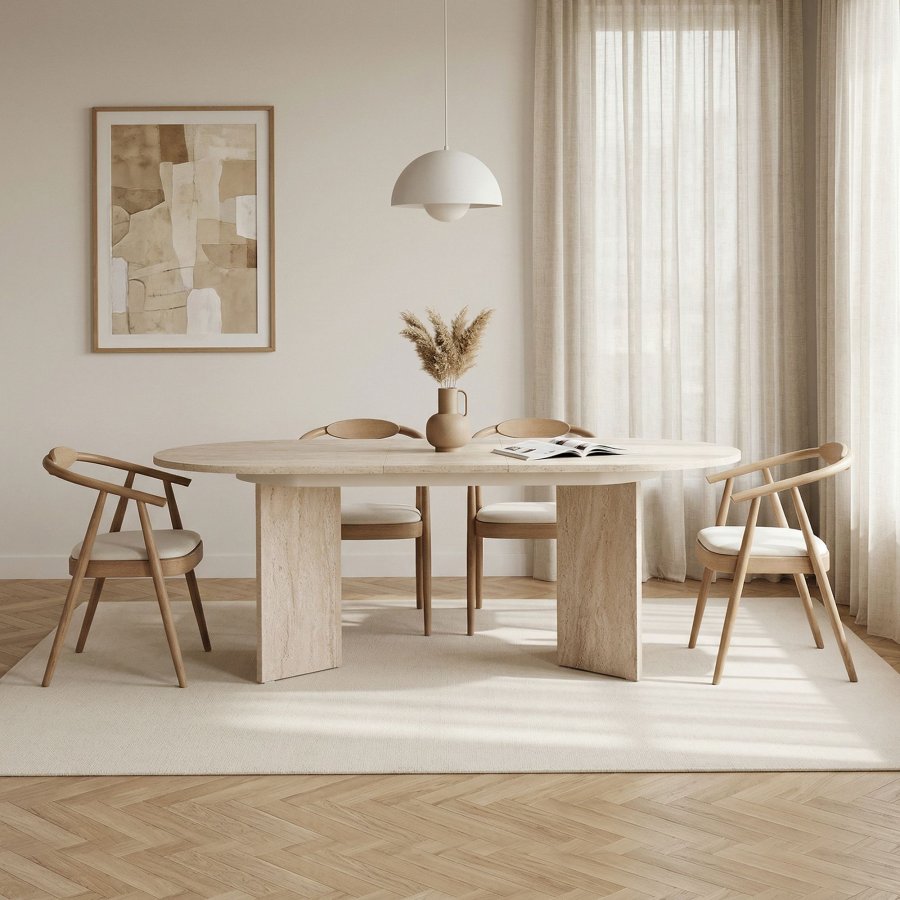 NORDV&Auml;RK Sorell spisebord, m. 1 till�gsplade, oval - sand travertin melamin (160x90)