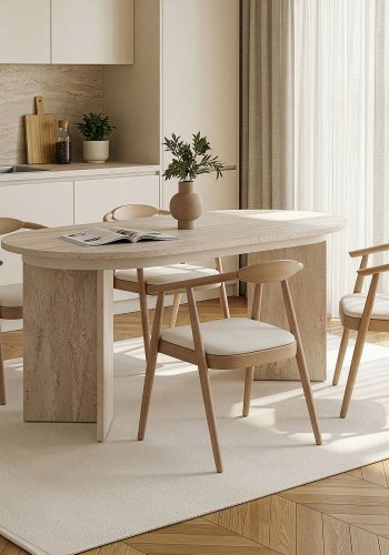NORDV&Auml;RK Sorell spisebord, m. 1 till�gsplade, oval - sand travertin melamin (160x90)