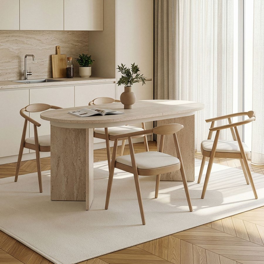 NORDV&Auml;RK Sorell spisebord, m. 1 till�gsplade, oval - sand travertin melamin (160x90)