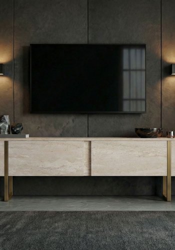 FUNZI LIVING Onera � Travertin, TV-benk i gull