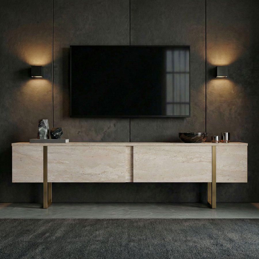 FUNZI LIVING Onera  Travertin, Guldf&auml;rgad TV-b&auml;nk