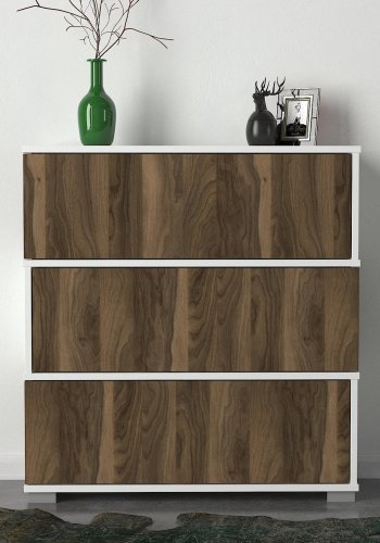 FUNZI LIVING Napoleon skoskap, m. 3 drer - hvit og valntt melamin