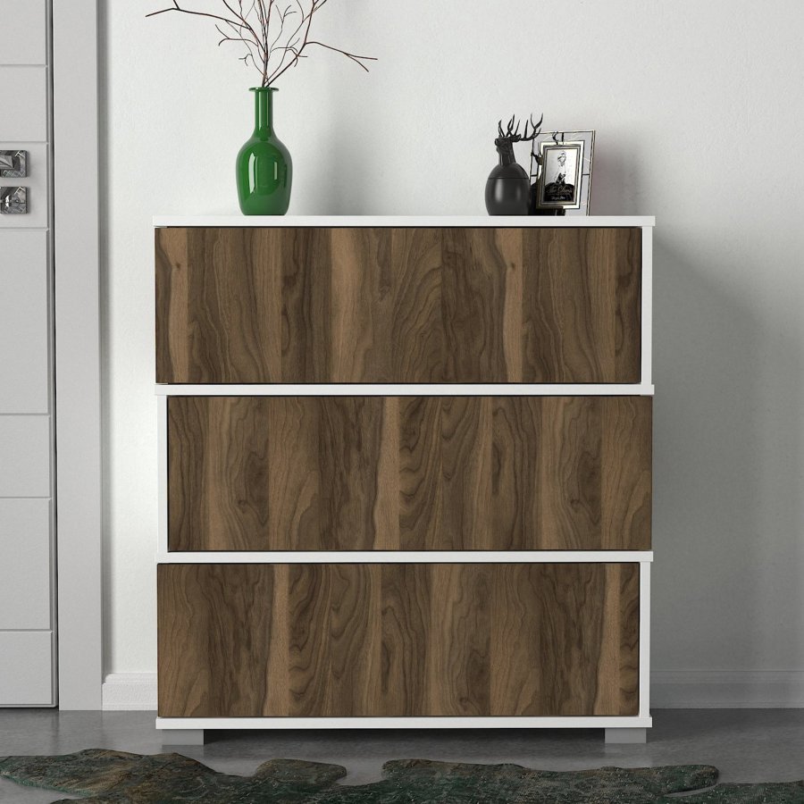 FUNZI LIVING Napoleon skoskap, m. 3 drer - hvit og valntt melamin