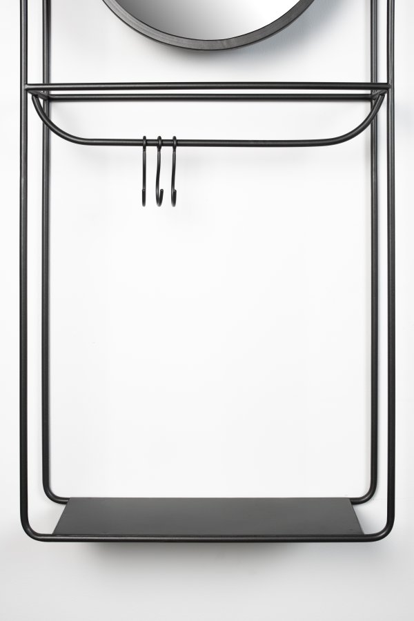 WHITE LABEL LIVING Duco veggmontert klesstativ, med speil, hylle, kroker - svart stl