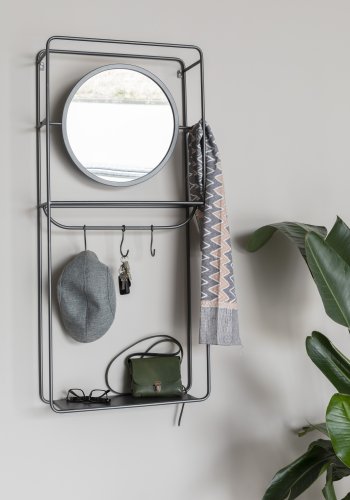 WHITE LABEL LIVING Duco veggmontert klesstativ, med speil, hylle, kroker - svart stl