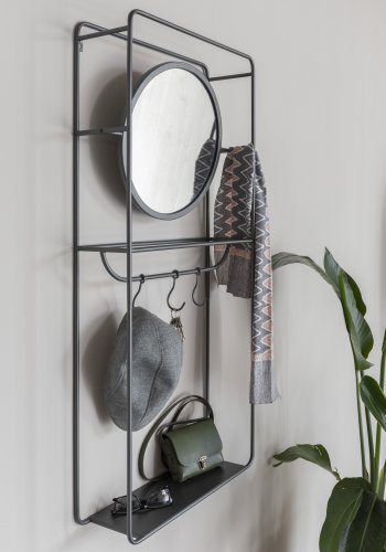 WHITE LABEL LIVING Duco veggmontert klesstativ, med speil, hylle, kroker - svart stl