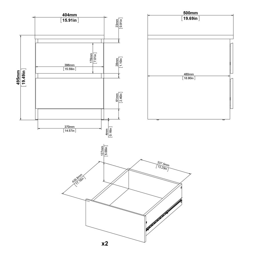TVILUM Naia Nachttisch - weiß Hochglanz Holz, mit 2 Schubladen