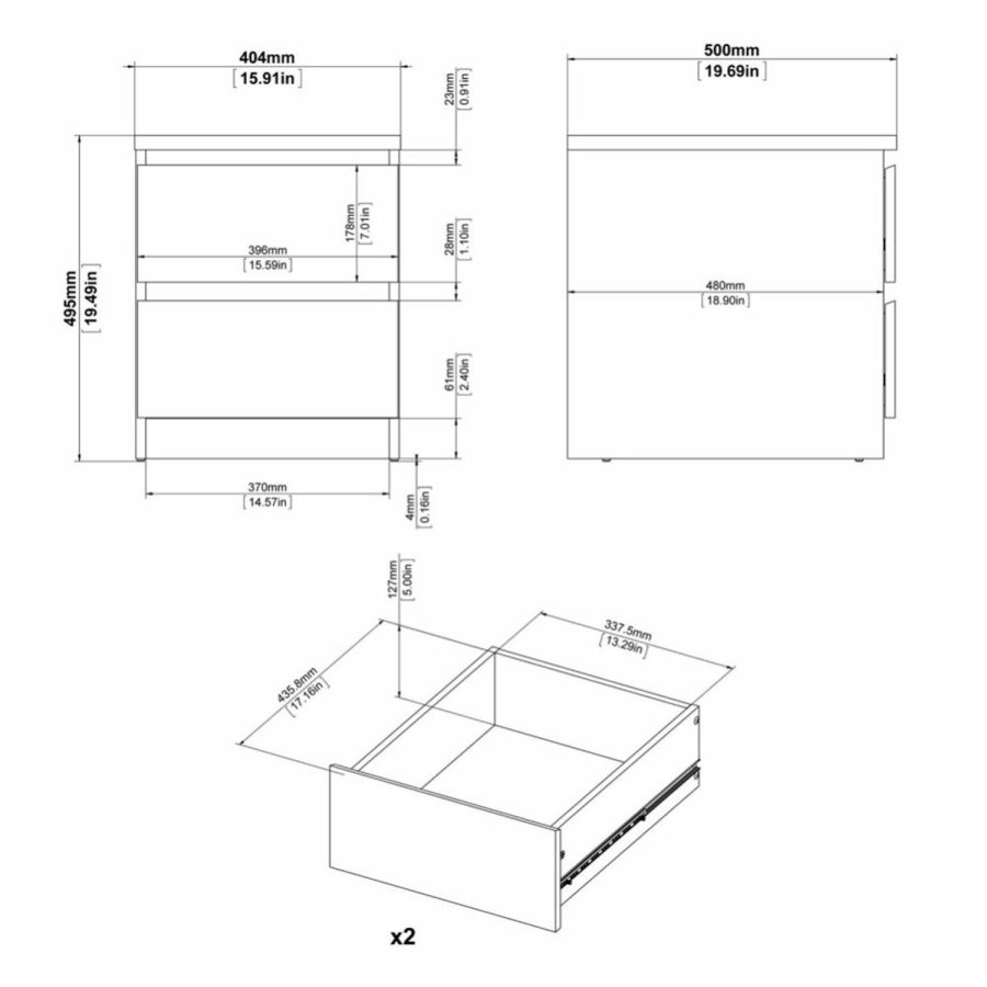 TVILUM Naia Nachttisch, m. 2 Schubladen - grau/weiße Folie und Kunststoff (40,4x50)