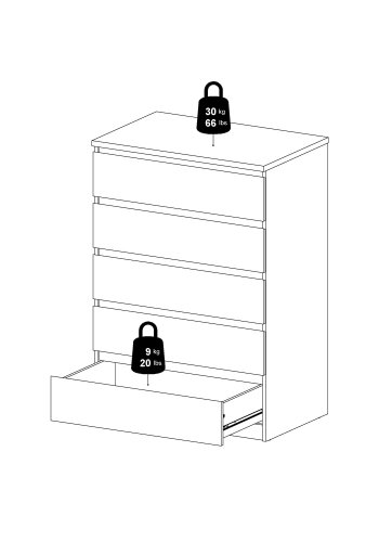 TWILUM Naia kommode - hvit hyglans tre, m. 5 skuffer