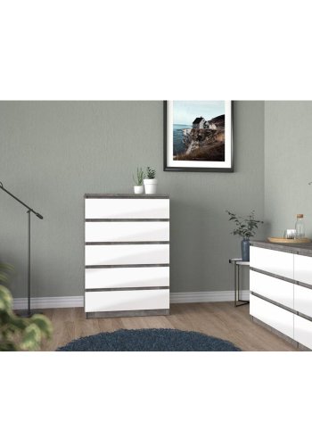 TVILUM Naia Kommode, m. 5 Schubladen - weiß/graue Folie und Kunststoff