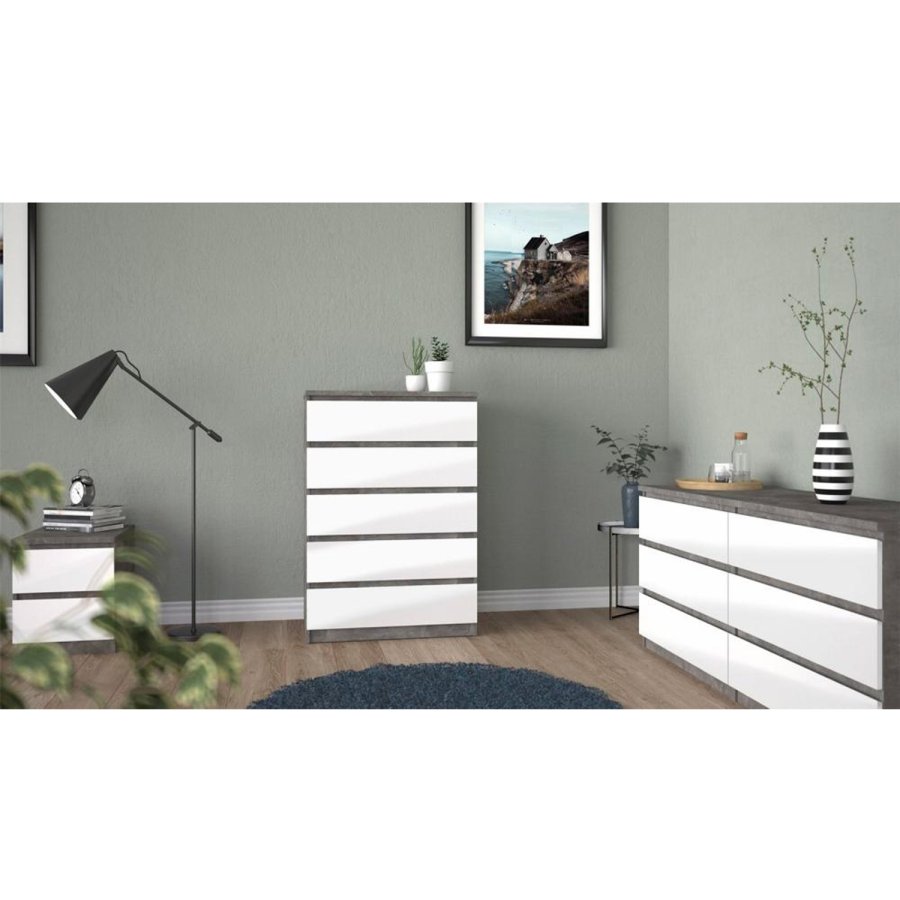 TVILUM Naia Kommode, m. 5 Schubladen - weiß/graue Folie und Kunststoff