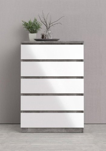 TVILUM Naia Kommode, m. 5 Schubladen - weiß/graue Folie und Kunststoff