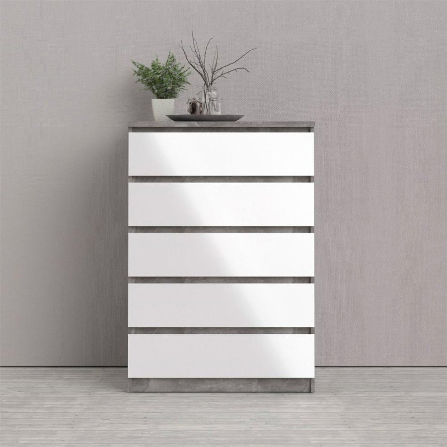 TVILUM Naia Kommode, m. 5 Schubladen - weiß/graue Folie und Kunststoff