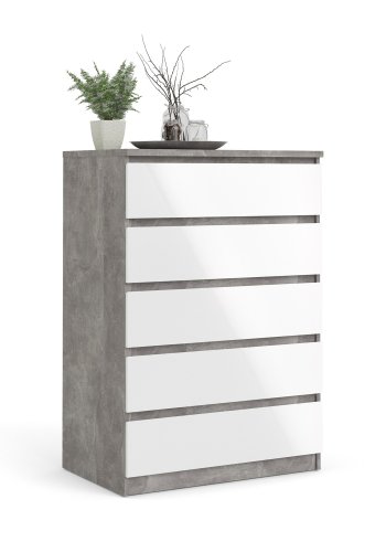 TVILUM Naia Kommode, m. 5 Schubladen - weiß/graue Folie und Kunststoff