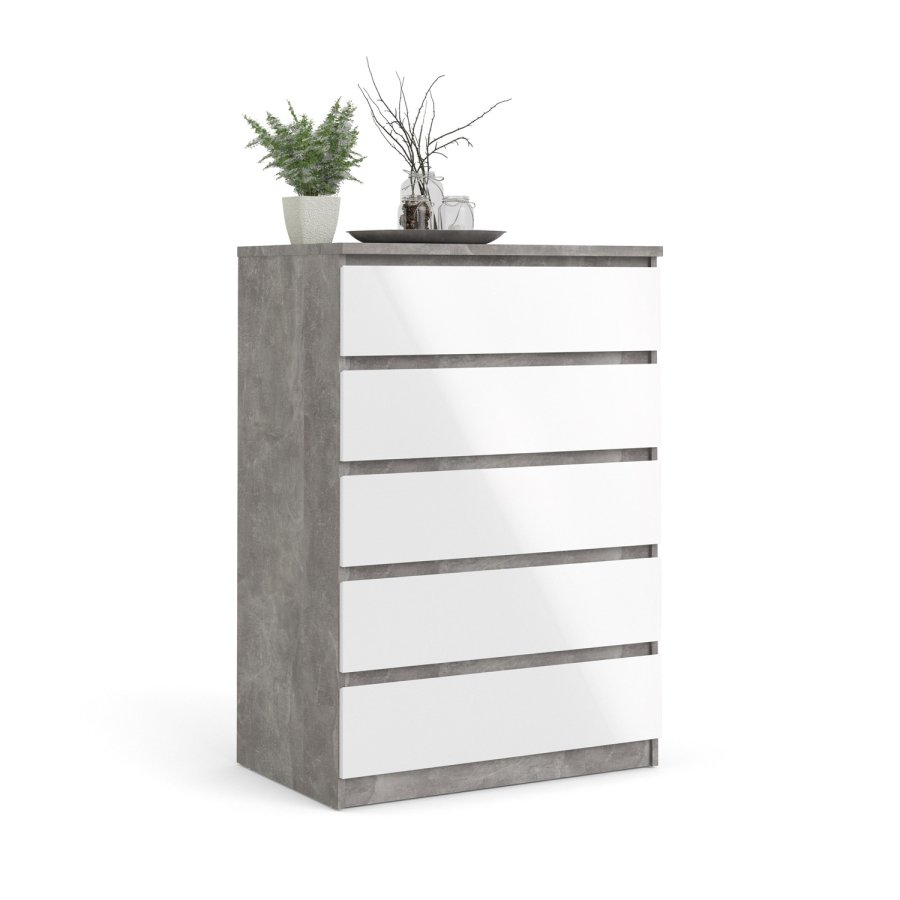 TVILUM Naia Kommode, m. 5 Schubladen - weiß/graue Folie und Kunststoff