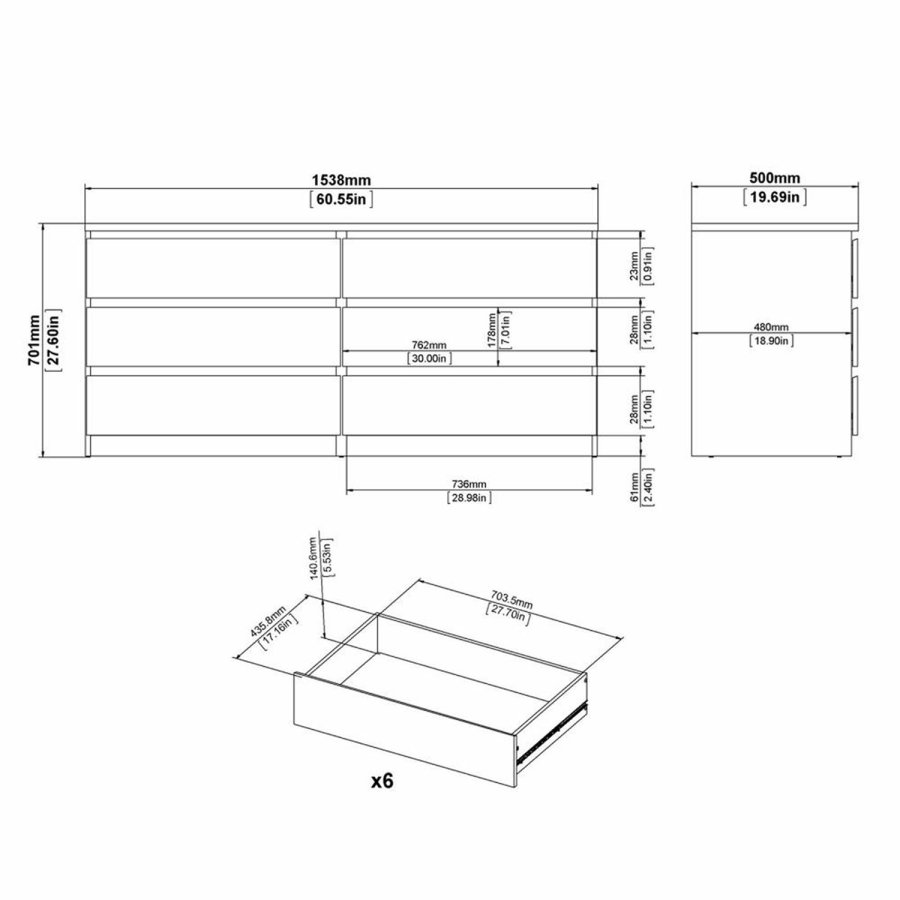 TVILUM Naia Doppelkommode, m. 6 Schubladen - grau/weiße Folie und Kunststoff