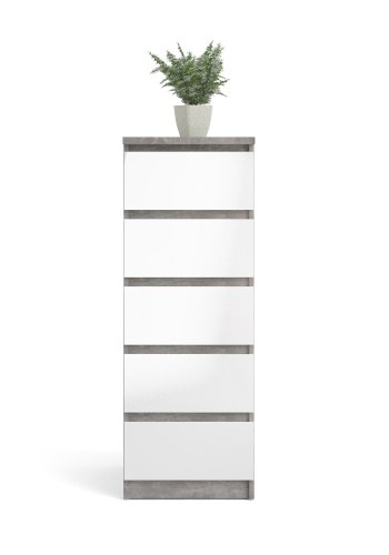 TVILUM Naia Kommode, m. 5 Schubladen - weiß/graue Folie und Kunststoff