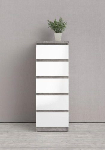 TVILUM Naia Kommode, m. 5 Schubladen - weiß/graue Folie und Kunststoff