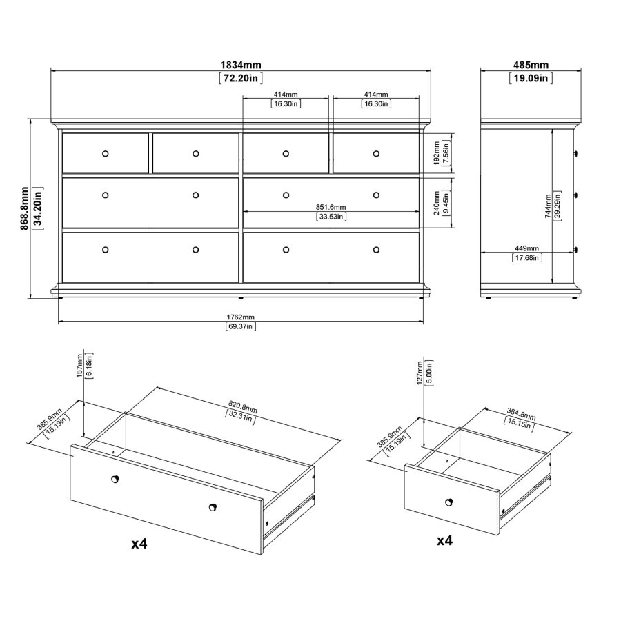 TVILUM Paris kommode - matt grtt tre, m. 8 skuffer 
