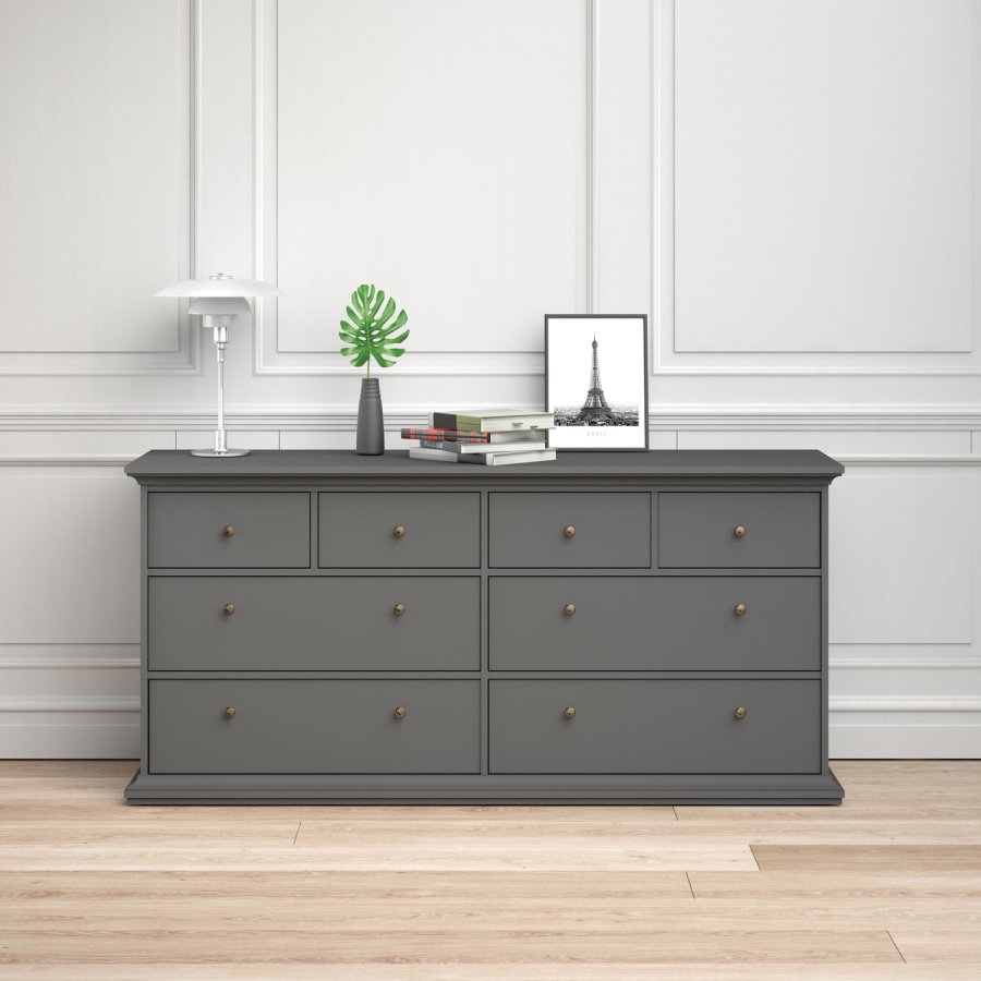 TVILUM Paris kommode - matt grtt tre, m. 8 skuffer 