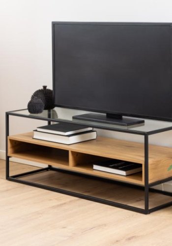 ACT NORDIC Randolf TV-bord, 1 hylle, 2 rom - klart glass, naturlig villeik melamin, sort stl (120x40)