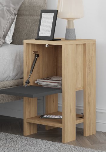 FUNZI LIVING Ema nattbord, m. 1 dr og 1 hylle - eik og antrasittgr melamin (30x30)