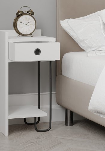 FUNZI LIVING Sirius nattbord, venstre, m. 1 hylle og 1 skuff - hvit melamin (32x30)