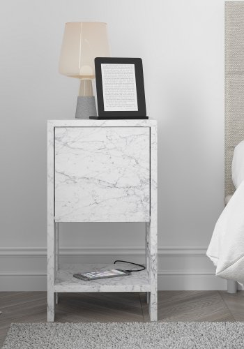 FUNZI LIVING Ema nattbord, m. 1 dr og 1 hylle - Carrara marmor melamin (30x30)