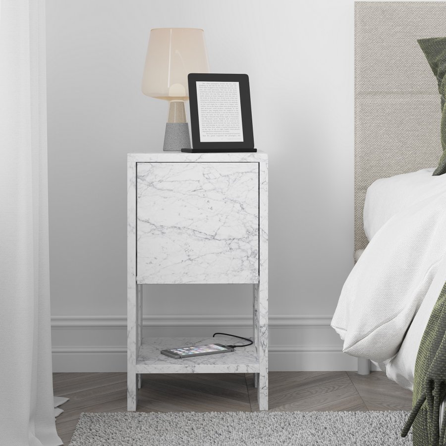 FUNZI LIVING Ema nattbord, m. 1 dr og 1 hylle - Carrara marmor melamin (30x30)