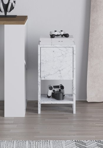 FUNZI LIVING Ema nattbord, m. 1 dr og 1 hylle - Carrara marmor melamin (30x30)
