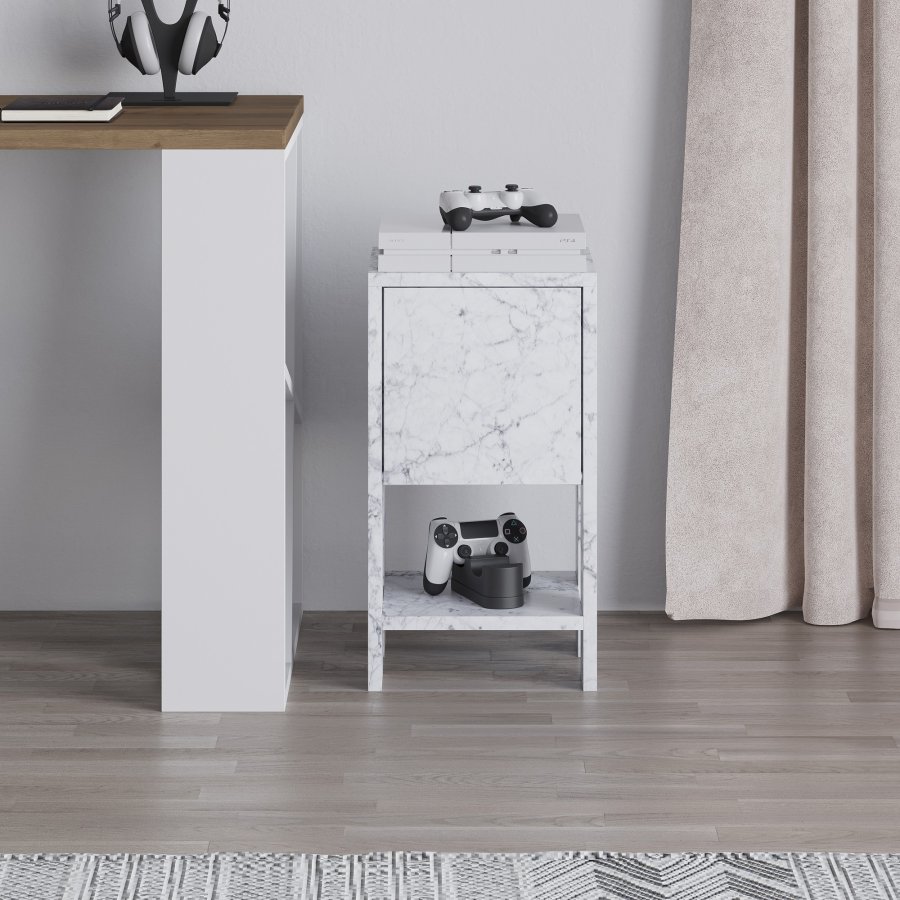 FUNZI LIVING Ema nattbord, m. 1 dr og 1 hylle - Carrara marmor melamin (30x30)