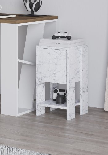 FUNZI LIVING Ema nattbord, m. 1 dr og 1 hylle - Carrara marmor melamin (30x30)