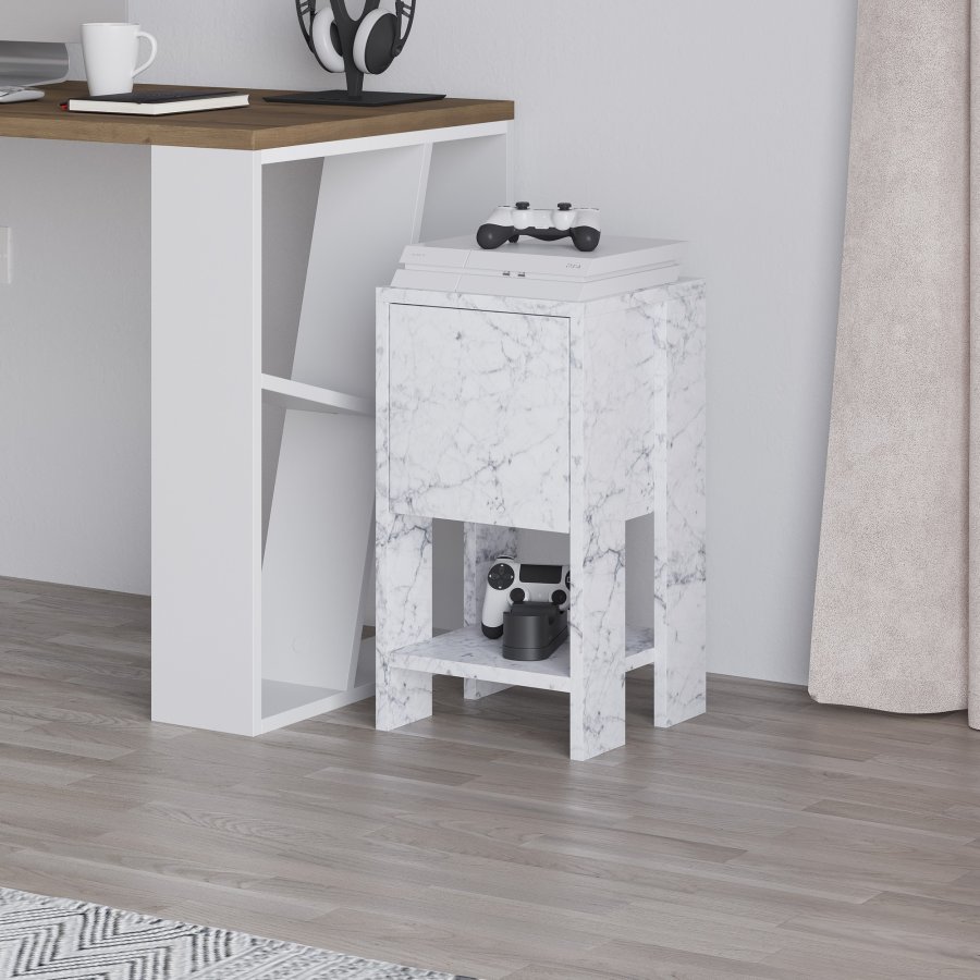 FUNZI LIVING Ema nattbord, m. 1 dr og 1 hylle - Carrara marmor melamin (30x30)