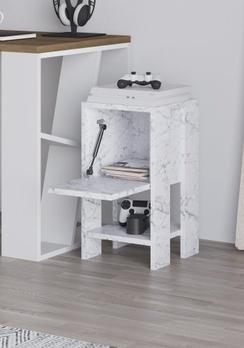 FUNZI LIVING Ema nattbord, m. 1 dr og 1 hylle - Carrara marmor melamin (30x30)