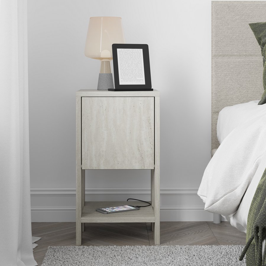 FUNZI LIVING Ema nattbord, m. 1 dr og 1 hylle - travertin melamin (30x30)