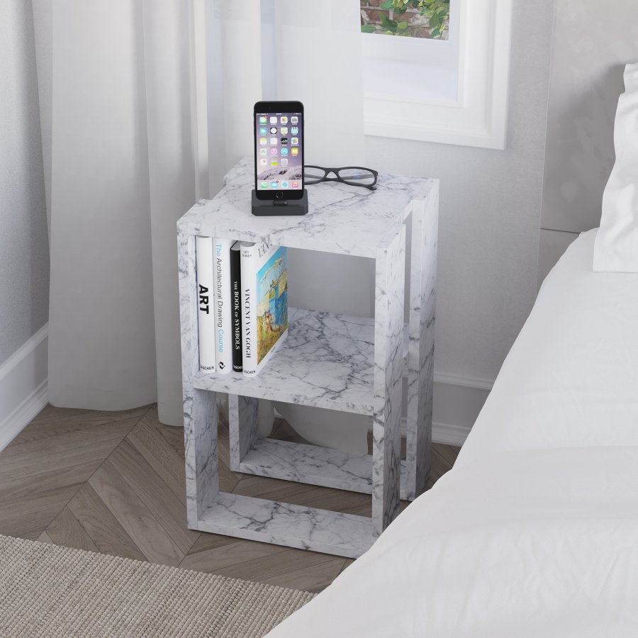 FUNZI LIVING Lonie nattbord, m. 1 hylle - Carrara marmor melamin (30x30)