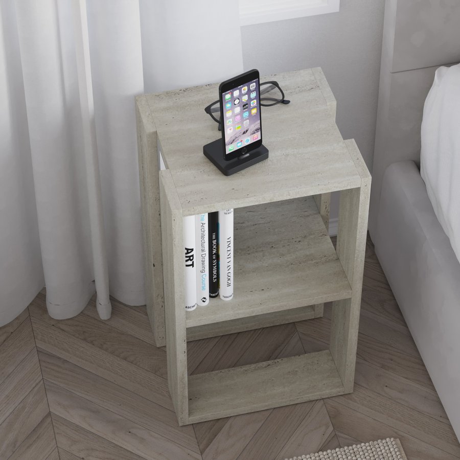 FUNZI LIVING Lonie nattbord, m. 1 hylle - travertin melamin (30x30)