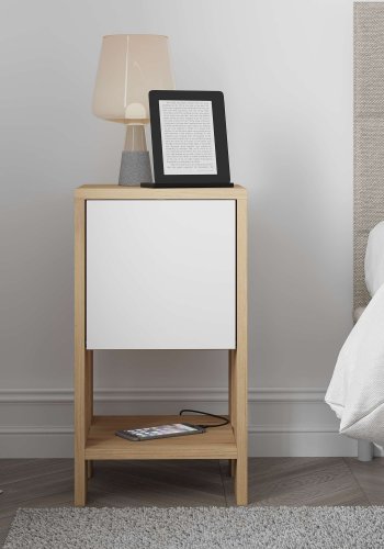 FUNZI LIVING Ema nattbord, m. 1 dr og 1 hylle - safir eik og hvit melamin (30x30)