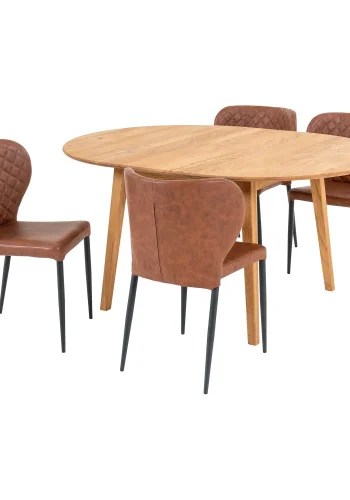 HOUSE NORDIC Metz og Pisa spisebordsett, 1 spisebord, 4 spisestoler - brun PU/naturlig eik